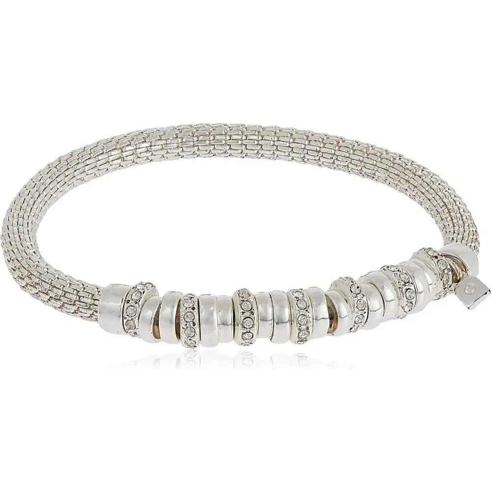 Women's Silver Tone Crystal Rondell Stretch No-clasp Rhinestone Mesh Bracelet